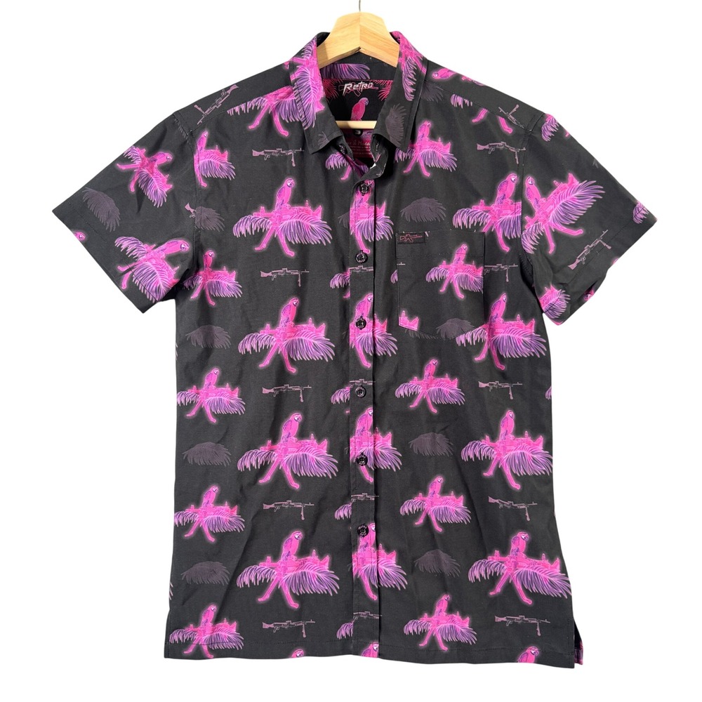Retro Rifle Saws & Macaws Mens Small Black Pink Gun Parrot Short Sleeve Shirt